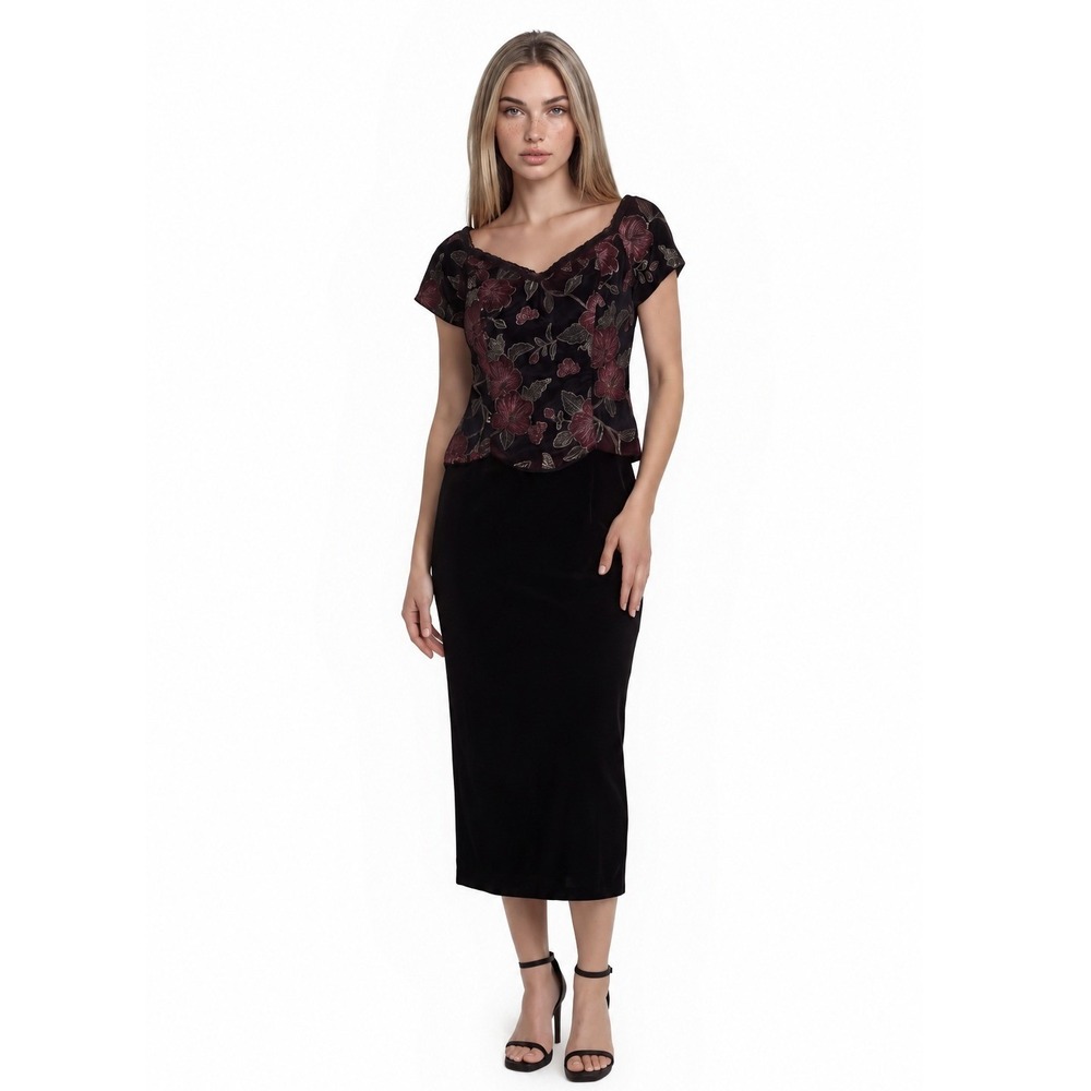 Scott McClintock Midi Dress Women's Size 12 Black Velvet Floral Sequin Vintage